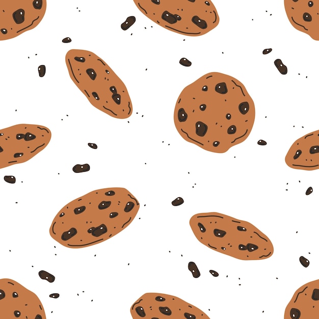 Galletas de chispas de chocolate sobre fondo blanco. Patrón transparente de vector