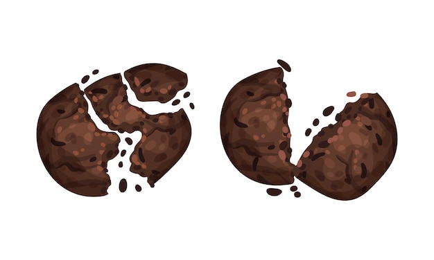 Galletas de chocolate crujientes rotas con migajas de ilustración vectorial en fondo blanco