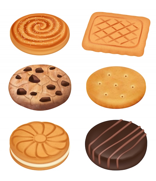 Galletas. Deliciosa comida postre dulces galletas cremosas con chocolate desmenuza piezas galletas colección realista