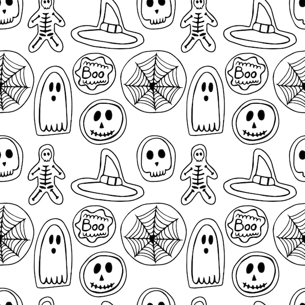 Las galletas de Halloween tienen un patrón vectorial sin costuras y un patrón de galletas aterradoras de Halloween.