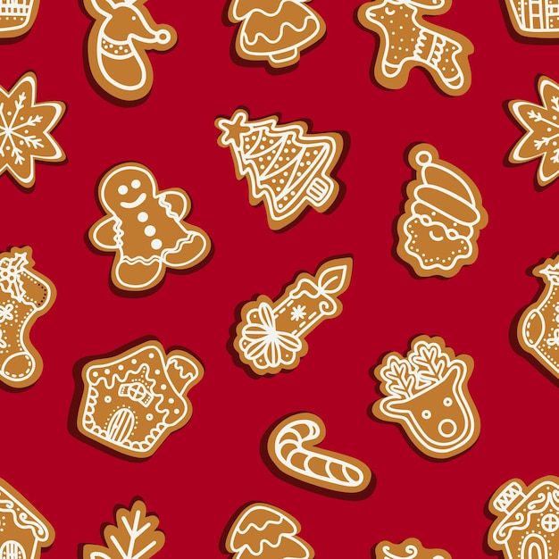 Galletas de jengibre de Navidad en medio de copos de nieve de patrones sin fisuras