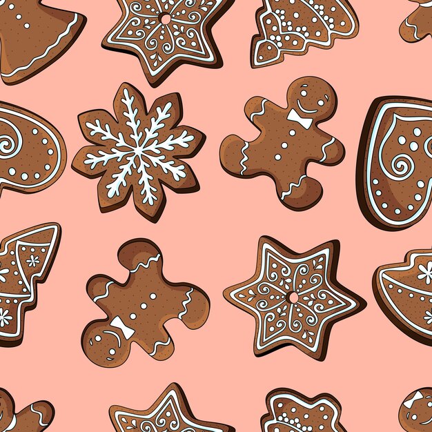 Galletas de jengibre de Navidad - patrón sin costuras. Ilustración vectorial. EPS 10