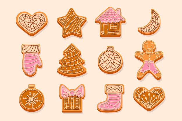 Vector galletas de jengibre navideñas decoradas con crema y glaseado figuras de juguetes de árbol de navidad