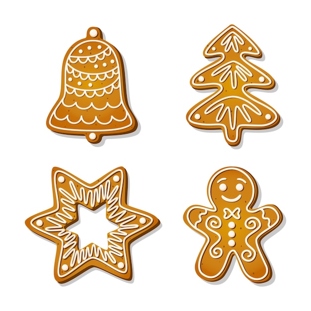Galletas de jengibre navideñas. Galletas festivas en forma de hombre de jengibre y campana, árbol y estrella y copo de nieve. Ilustración vectorial de dibujos animados.