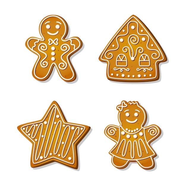 Galletas de jengibre navideñas. Galletas festivas en forma de hombre y mujer de jengibre, casa y estrella. Ilustración vectorial de dibujos animados.