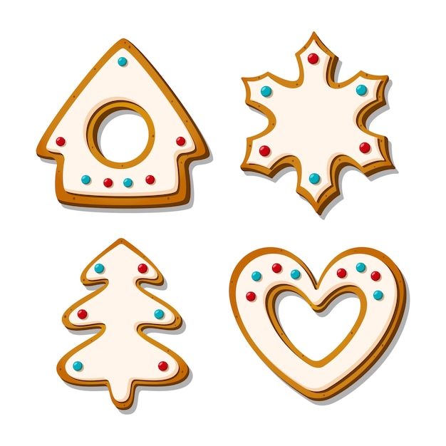 Galletas de jengibre navideñas. galletas glaseadas festivas en forma de casa y corazón, copo de nieve de árbol. ilustración vectorial de dibujos animados.