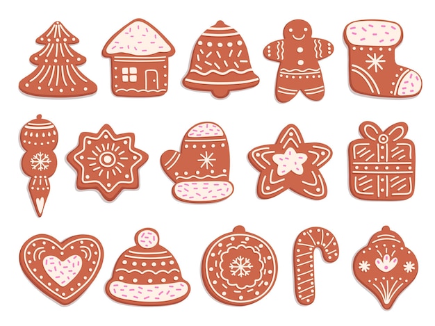 Galletas de jengibre. Pan de Navidad, galletas de jengibre de adorno con decoración de esmalte. Pasteles dulces de vacaciones aislados, conjunto de vectores de pastelería de Navidad. Colección de pan de jengibre, ilustración de dulces navideños