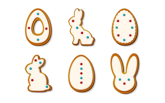 Galletas de jengibre de pascua en forma de huevos de orejas largas y conejos en estilo de dibujos animados glaseado dulce