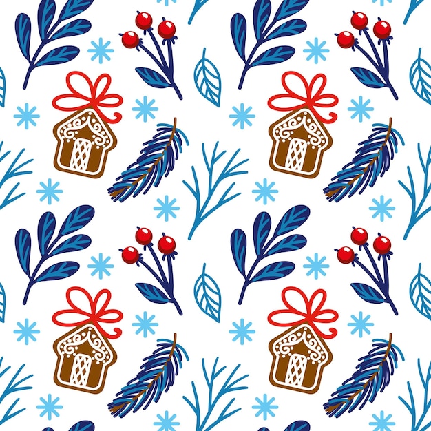 Galletas de jengibre tradicionales y flores de invierno, abeto. Estampado navideño. Patrón sin fisuras. Vector.