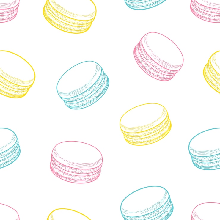 Vector galletas macarons francesas de patrones sin fisuras doodle decorativo dibujado a mano ilustración vectorial