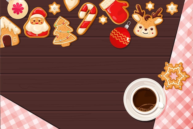 Galletas de Navidad con glaseado y café sobre un fondo de madera, vista superior. Navidad, año nuevo. Ilustración vectorial