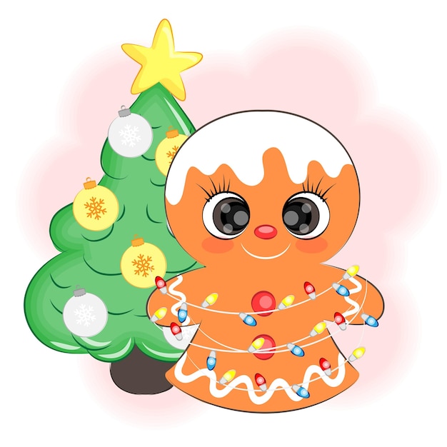 Galletas de navidad hombre con un árbol de navidad y guirnalda ilustración vectorial