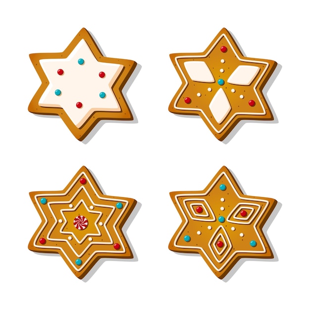 Galletas de Navidad de pan de jengibre en forma de estrellas con glaseado en un estilo de dibujos animados. Galletas dulces festivas sobre fondo blanco. Postre casero. Ilustración vectorial.