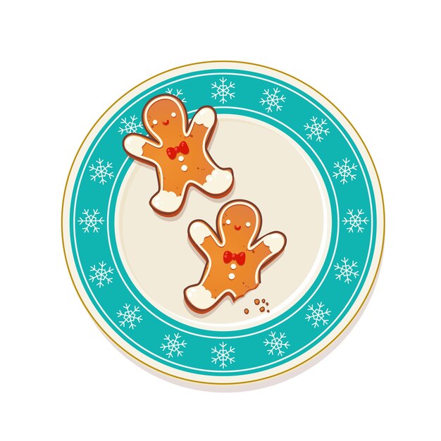 Galletas de Navidad de pan de jengibre en placa azul con copos de nieve. Ilustración de vector de vista superior para el diseño de vacaciones de invierno y año nuevo.