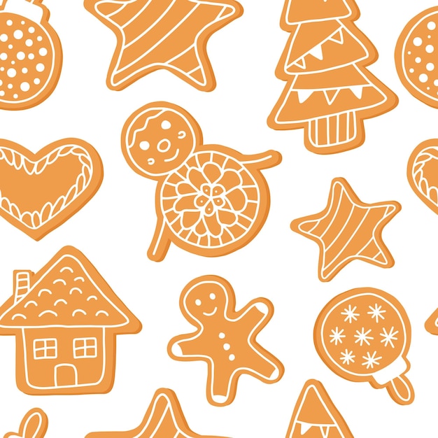 Galletas de Navidad tradicional de pan de jengibre de patrones sin fisuras aislado sobre fondo blanco alimentos dulces de Doodle