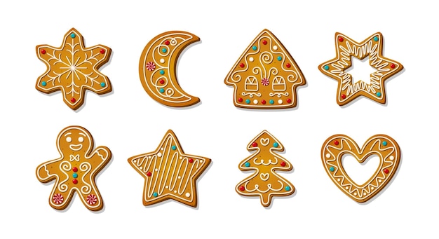 Vector galletas de pan de jengibre dulces caseros de invierno en forma de casa y hombre de pan de jengibre y luna estrella y copo de nieve árbol de navidad y corazón cartoon vector ilustración