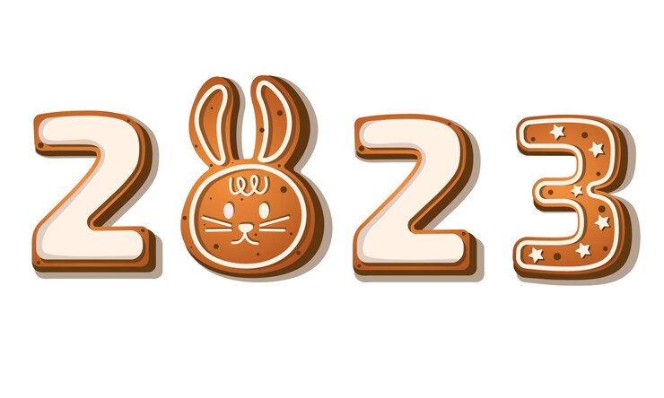 Vector galletas de pan de jengibre en forma de números y un conejo un símbolo del conejito 2023 en estilo de dibujos animados sobre un fondo blanco