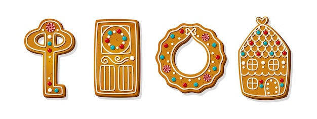 Vector galletas de pan de jengibre de navidad dulces de navidad caseros de invierno en forma de casa puerta festiva con llave y corona ilustración vectorial de dibujos animados linda