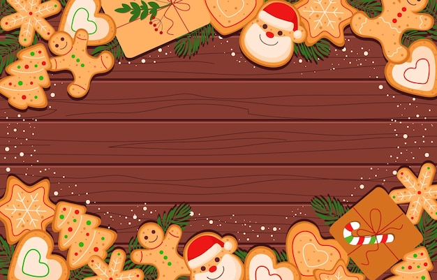 galletas de pan de jengibre de Navidad en un fondo de madera