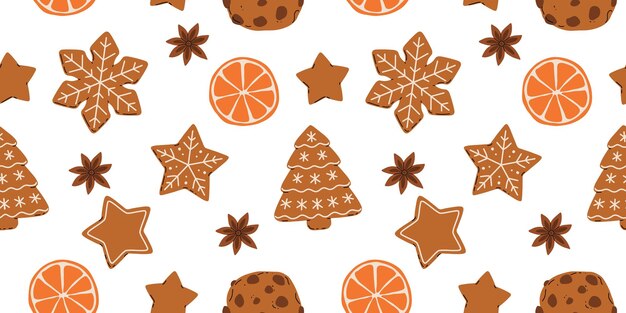 Galletas de pan de jengibre de Navidad con patrón sin costuras Galletas caseras dulces de invierno en diferentes formas