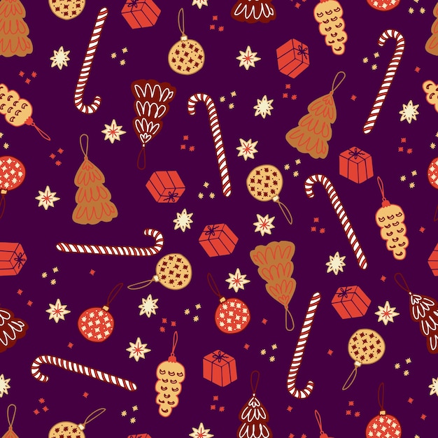 Galletas y pasteles de pan de jengibre de Navidad en forma de abetos y bolas de Navidad bastones de piruletas a rayas y estrellas vector de patrones sin fisuras Dulces aislados para el nuevo año Fondo de invierno