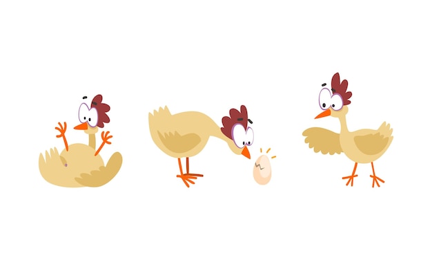 La gallina divertida en diferentes situaciones Establece el pájaro de la granja Personaje de dibujos animados Ilustración vectorial de caricaturas
