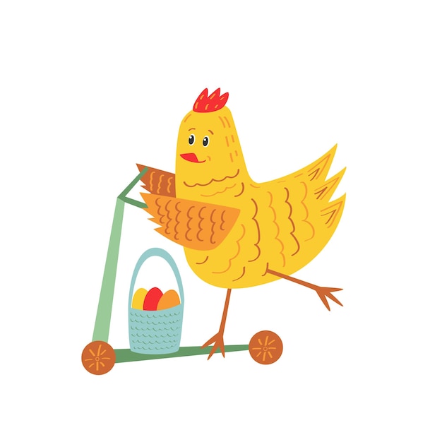 Gallina divertida de Pascua en scooter con huevos para postales, pegatinas, álbumes de recortes. ilustración vectorial