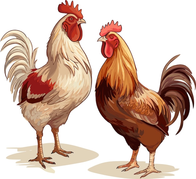 Gallina y gallo aislado sobre fondo blanco detallada ilustración vectorial realista