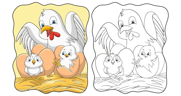 Gallina de ilustración de dibujos animados que está incubando su libro o página de huevos para niños