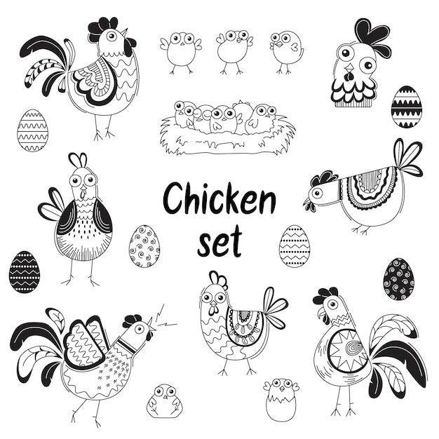 Gallinas gallinas gallos y huevos de gallina Arte de línea de pájaros dibujados a mano Ilustraciones de garabatos Conjunto de vectores