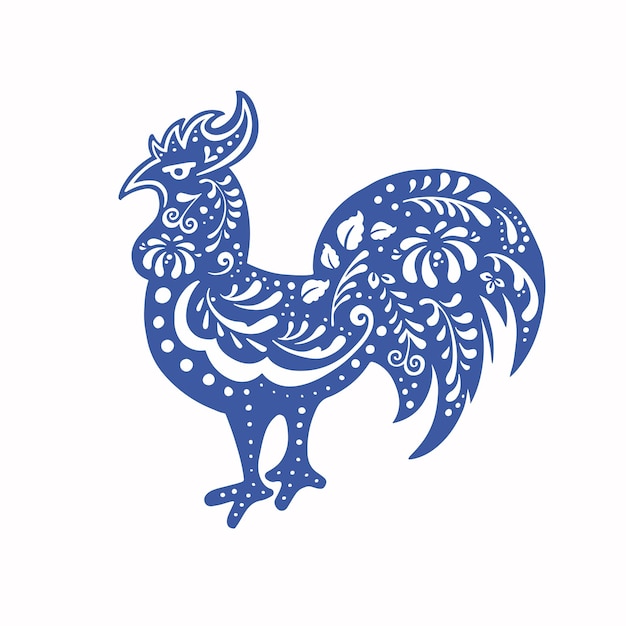 Gallo azul etno gallina en gzhel pintura estilo vector ilustración