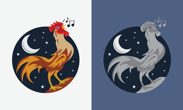 Gallo cantando con luna y estrellas ilustración vectorial de fondo