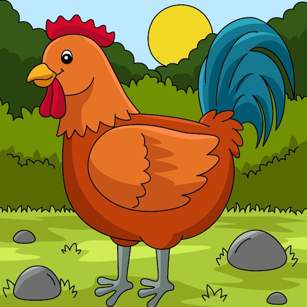 gallo, caricatura, coloreado, animal, ilustración