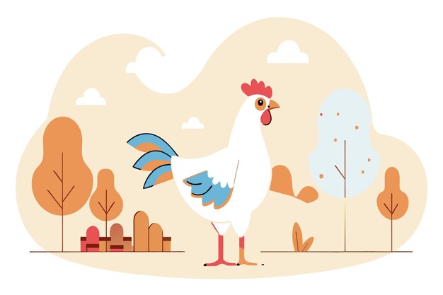 Vector un gallo colorido camina entre el follaje de otoño