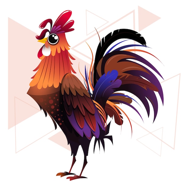 Un gallo colorido con una cola colorida y un diseño negro y rojo en él