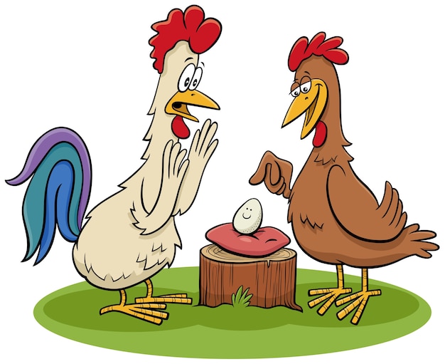 Gallo y gallina con una ilustración de dibujos animados de huevo