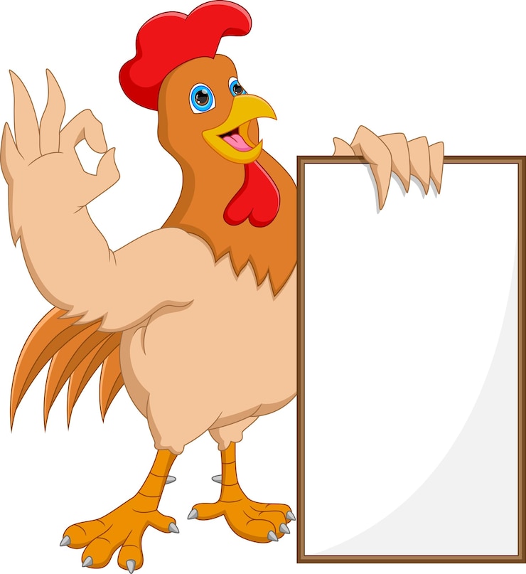 Vector gallo lindo de dibujos animados con signo en blanco