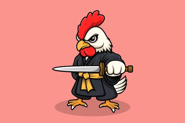 El gallo, el maestro de la espada, la mascota, el personaje, el estilo de dibujos animados.