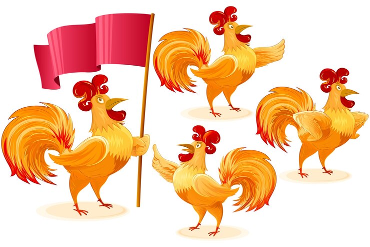 Gallo Navidad Año Nuevo Chino Símbolo Dibujos Animados Carácter Conjunto Colorido