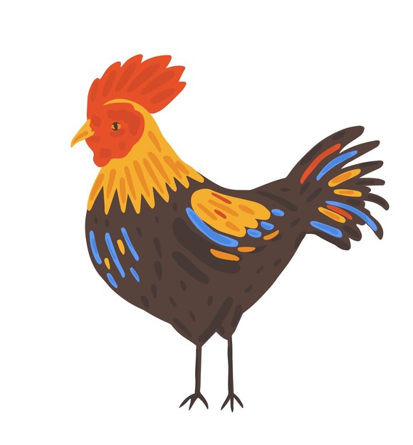 Gallo pájaro con plumas de color en estilo de dibujos animados