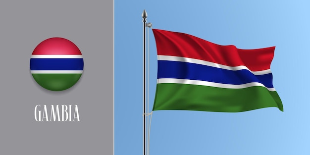 Gambia ondeando la bandera en el asta de la bandera y la ilustración de vector de icono redondo. maqueta 3d realista con diseño de bandera de gambia y botón circular