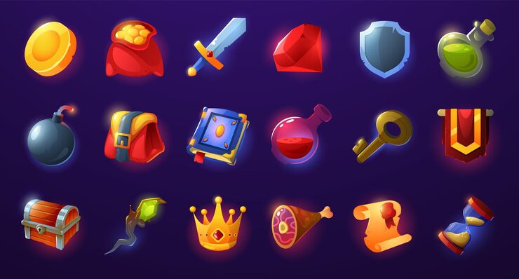 Vector game interface icons cartoon gui buttons and sprites 2d mobile web application gold weapon and magic user interface elements isolated graphic asset collection vector set