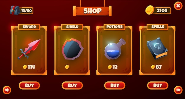 Game shop UI Wooden frame game store panel with buttons for mobile video game cartoon interface weapon armor potion elements for user menu Vector concept