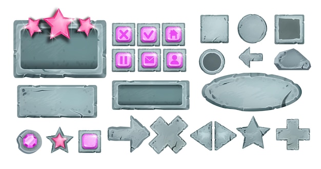 Game stone button set vector rock UI icons cartoon web menu background star arrow cross gem Mobile interface design element circle panel square frame rectangle tablet Game button collection