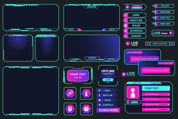 Game stream marcos mega conjunto elementos en diseño gráfico plano paquete de objetos de colores de neón streaming elementos de interfaz barras y botones plantillas de panel de usuario del menú del jugador ilustración vectorial