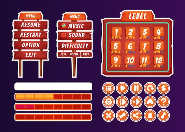 Game User Interface Kit with Menus Level Selection Buttons and Progress Bars Game ui all assets