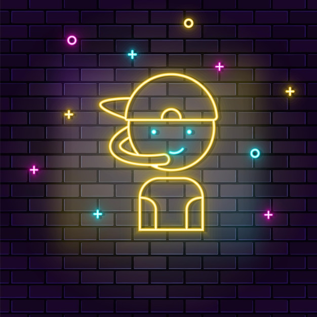 Gamer boy retro arcade neón en la pared Icono de neón de pared de ladrillo de fondo oscuro