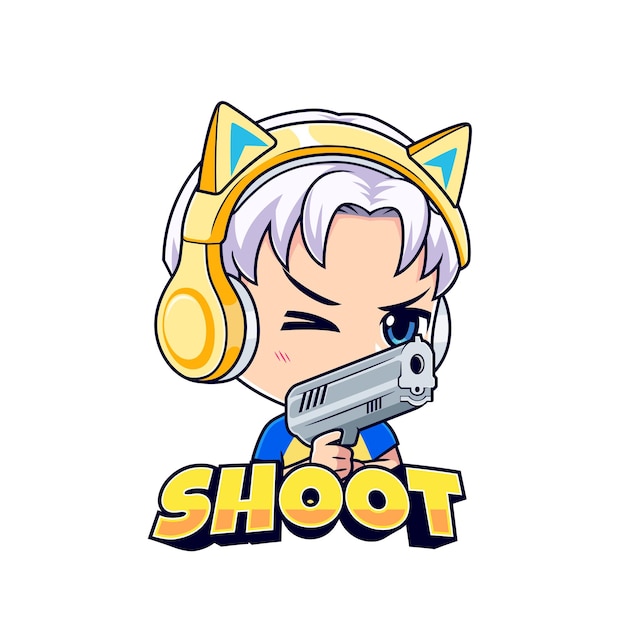 Vector gamer boy shooter apuntando con un vector del logotipo de la mascota de la etiqueta engomada del arma