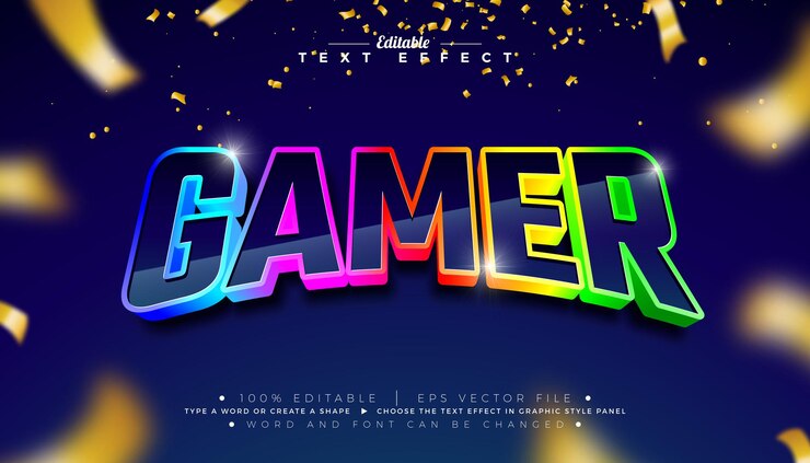 Vector gamer diseño de efectos de texto 3d editable y escalable efecto de estilo gráfico vectorial con color arco iris