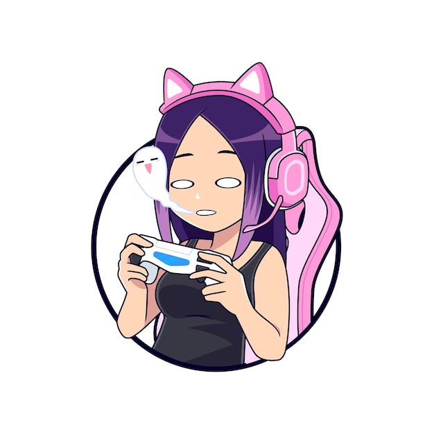 Gamer girl expresiones agotadas pegatina juego mascota logo ilustración